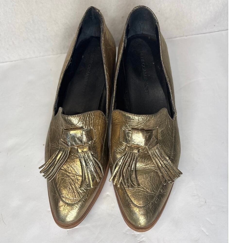 Rebecca Minkoff Edie Loafers Women's 8 Gold Metallic Tassel Heeled Leather - Picture 2 of 12